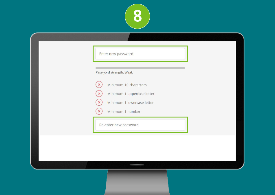 Create user profile screen on a desktop browser, focused on the “Enter new password” and “Re-enter new password” fields.