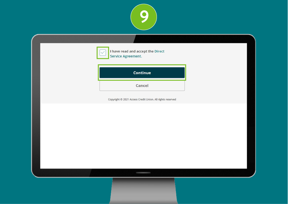Website screen on a desktop browser, focused on the “Check the box labeled ‘I have read and accept the Direct Service Agreement.’” and Continue button
