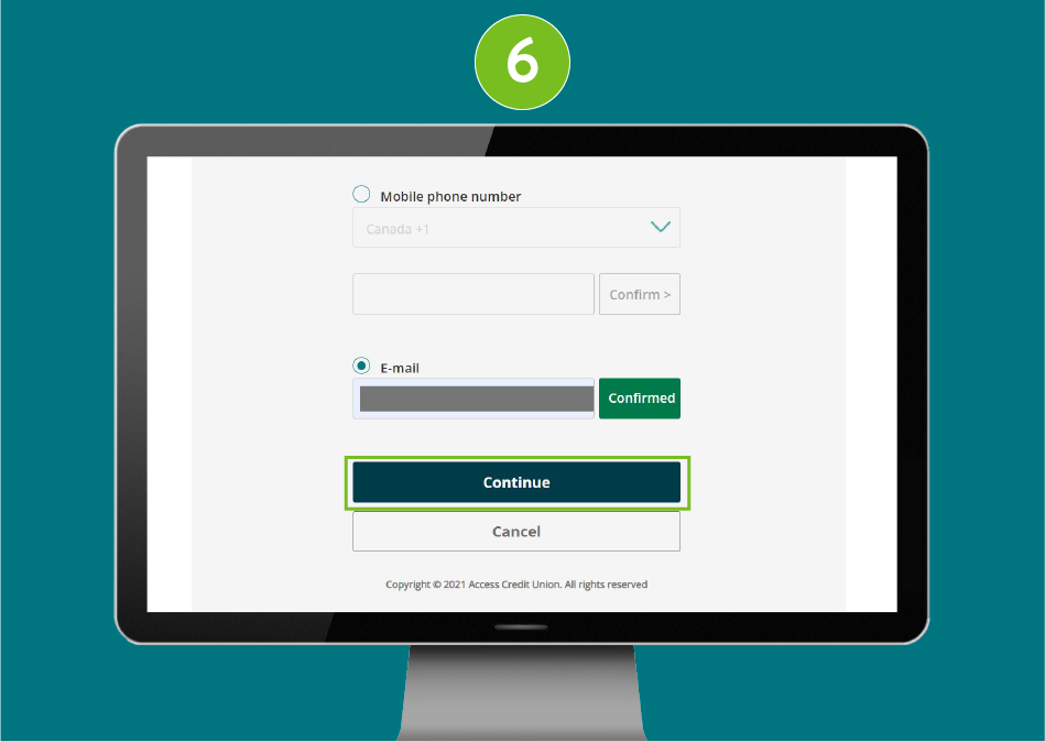 Website page in a desktop browser, with focus on the Continue button to proceed to the next step.