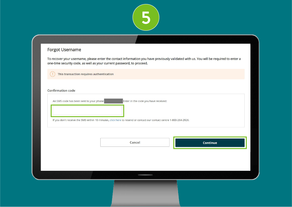 Desktop screenshot of 'Forgot username' page with focus on authentication code field and 'Continue' button.