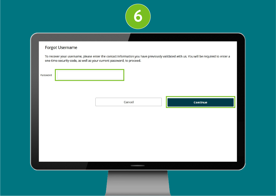 Desktop screenshot of 'Forgot username' page with focus on Password field and 'Continue' button.
