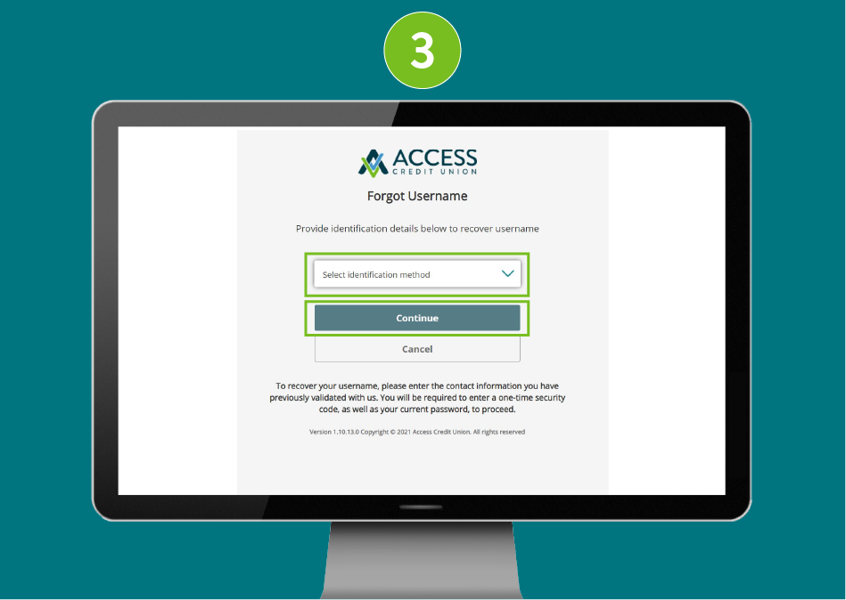 Desktop screenshot of 'Forgot username' page with focus on 'Select identification method' field and 'Continue' button.