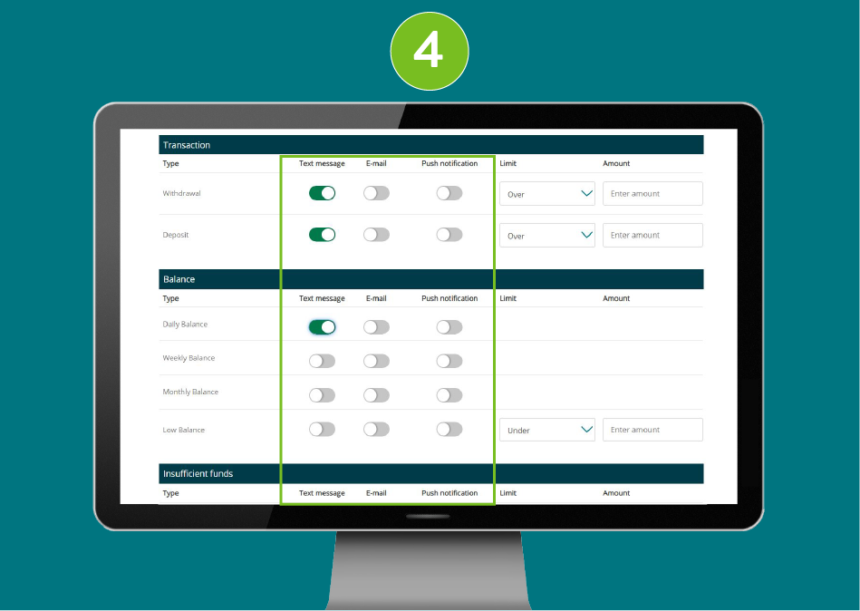 Desktop screenshot of website page with focus on method(s) selection menu for receiving alerts.