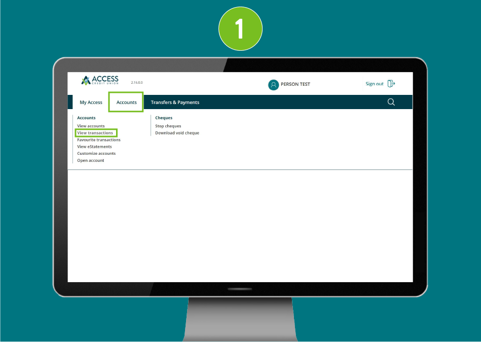Website page on a desktop browser with visual emphasis on the Accounts category and 'View Transactions' selected.