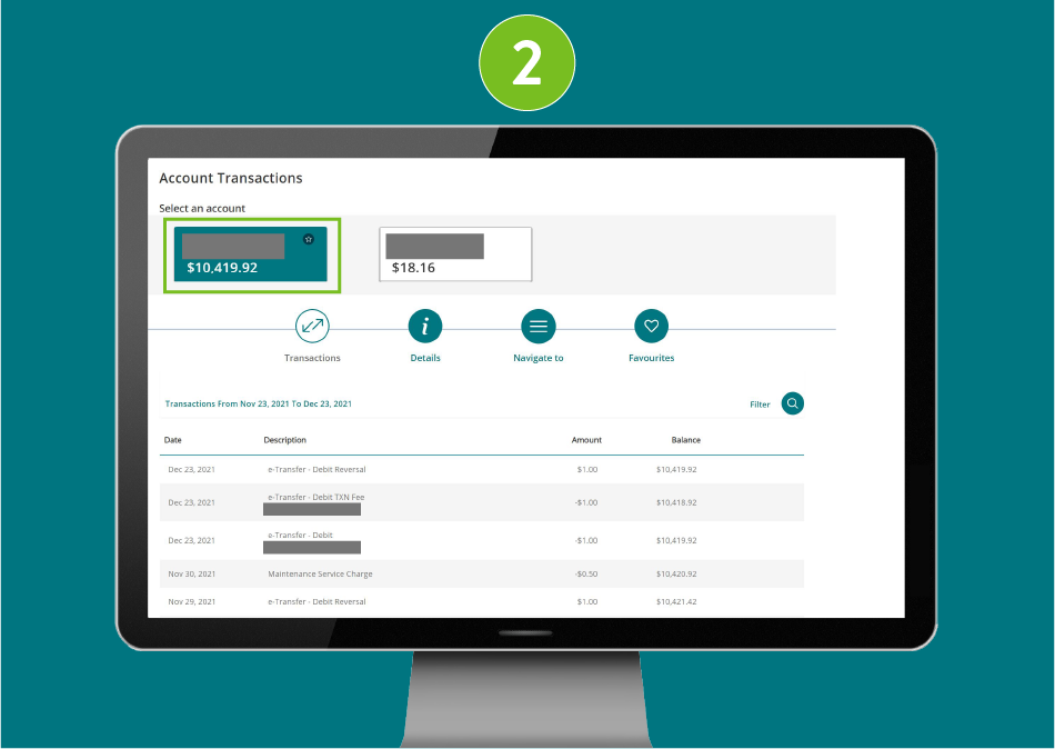 Account transactions page on a desktop browser with 'Account' selected.