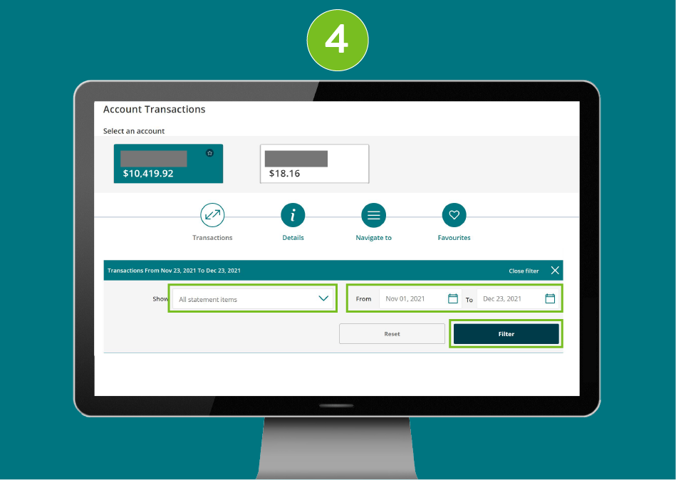 Account transactions page on a desktop browser with 'Show All Statement Items', 'Date Range', and 'Filter' button selected.