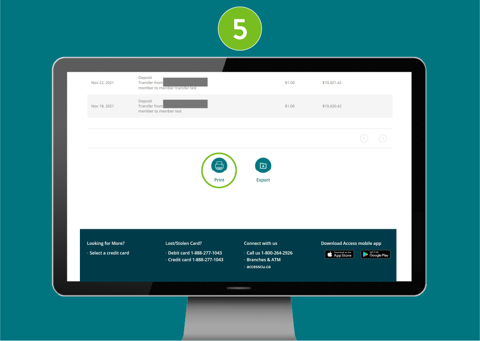 Account transactions page on a desktop browser with 'Print' button selected.