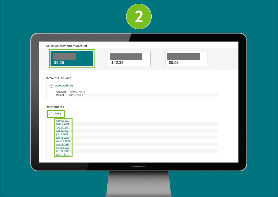Desktop page with Account selected and eStatements dropdown showing year and month options.