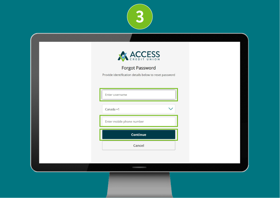 Desktop screenshot of 'Forgot password' page focused on fields for username, phone number, and a 'Continue' button.