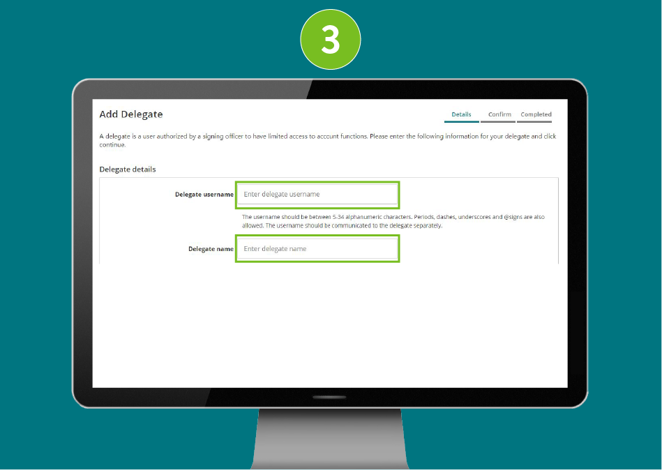 Add Delegates page in a desktop browser, focused on the “Delegate username" and "Delegate name" input fields.