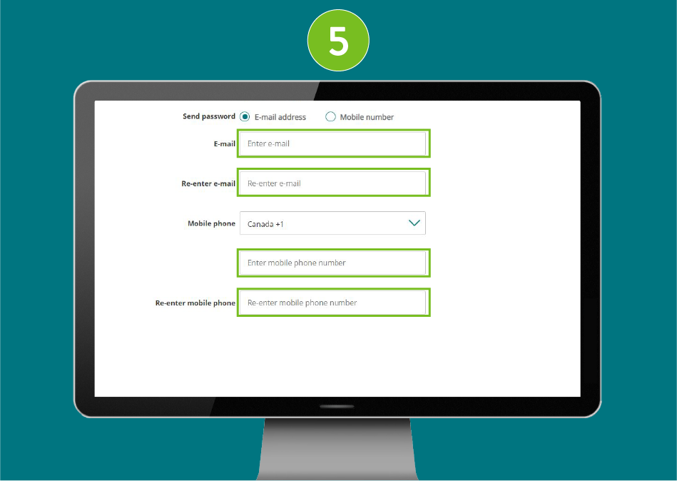 Website page viewed in a desktop browser, with focus on input fields labeled ‘Email address’, ‘Mobile number’, and ‘Re-enter’ for confirmation.