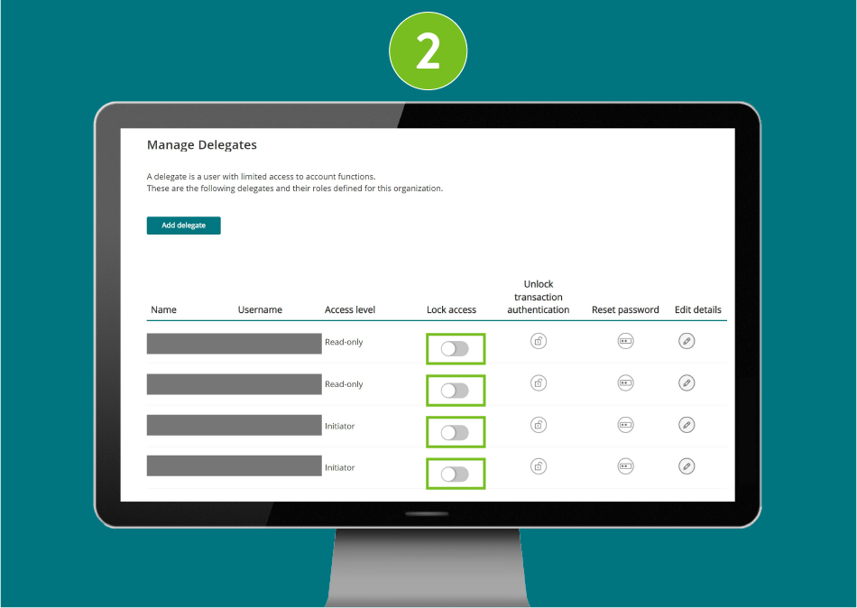 Manage Delegates page in a desktop browser, with focus on the Lock access toggles.