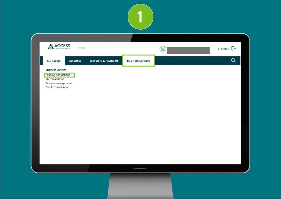 Website page on desktop, with  focus on the Business Services section and ‘Pending Transactions’ option.