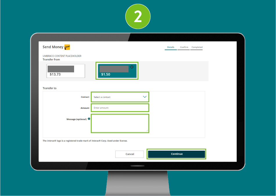 Banking website page in a desktop browser, with account and contact selected, and focus on mobile phone, amount, message fields, and "Continue" button.