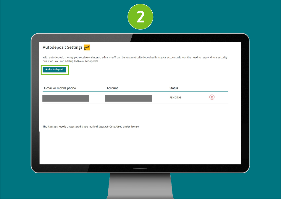Website page in a desktop browser with focus on the 'Add Autodeposit' button.