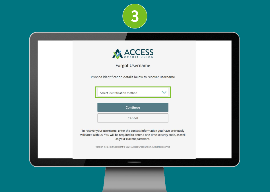Desktop screenshot of 'Forgot username' page with focus on 'Select identification method' field and 'Continue' button.