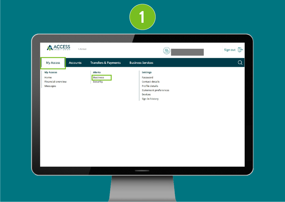 Desktop screenshot of website page with focus on 'My Access' dropdown menu and selected 'Business' option.