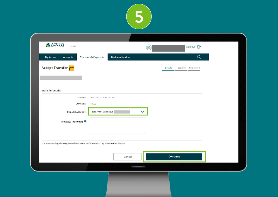 Access Credit Union website with focus on the deposit account field and 'Continue' button.