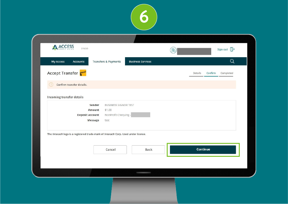 Access Credit Union website with focus on the 'Continue' button.