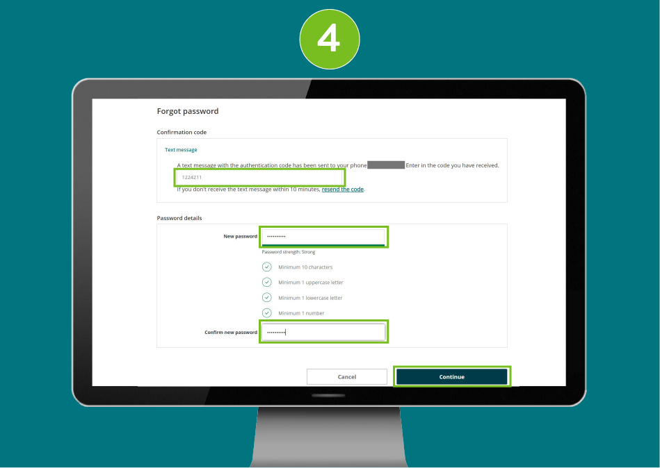 Desktop screenshot of 'Forgot password' page focused on code entry field, new password, confirm password fields, and 'Continue' button.