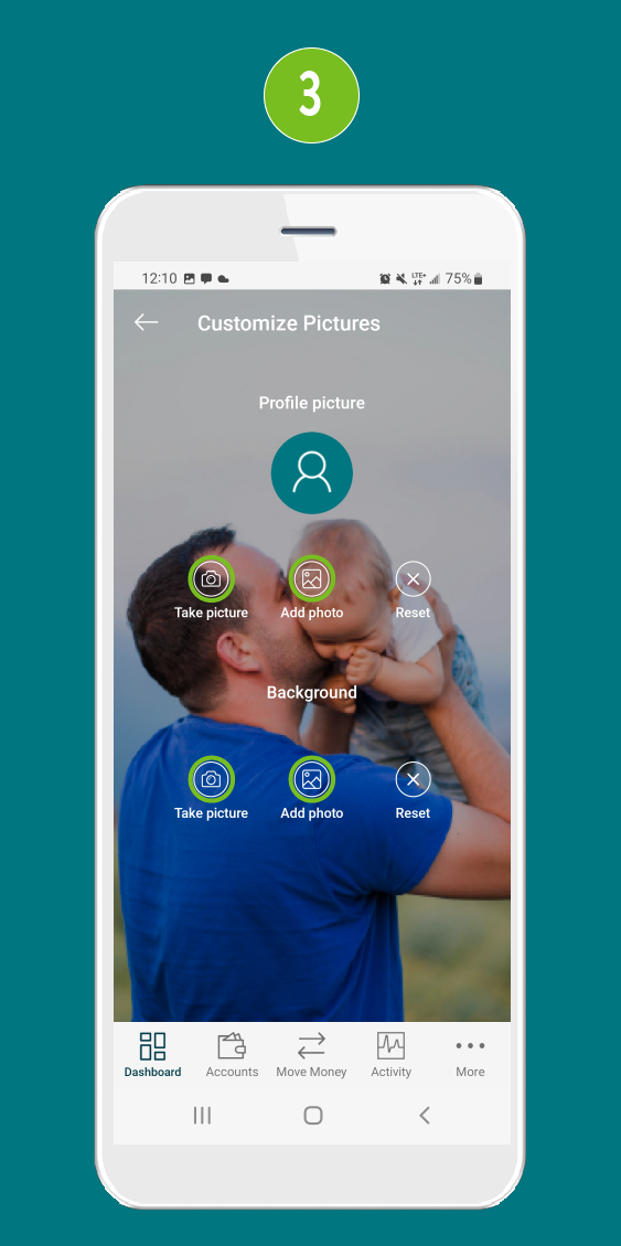 Customize Pictures screen in a mobile app, highlighting the 'Take picture' and 'Add photo' icons.