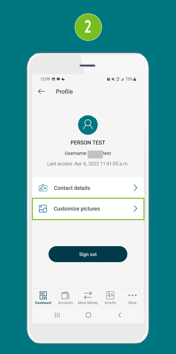 Mobile app screen highlighting the 'Customize pictures' button.