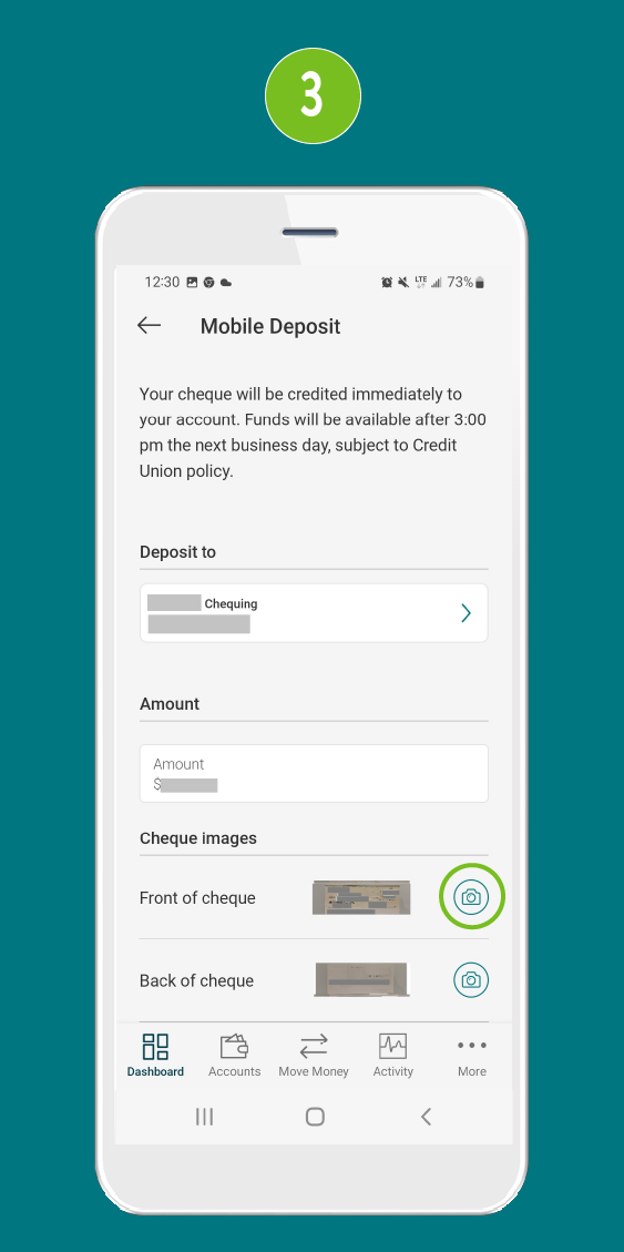 Mobile deposit screen showing fields for check amount and account selection, with a highlighted camera button for capturing check image.