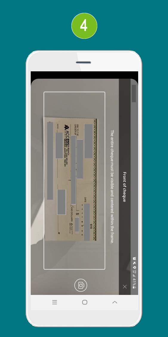 Cheque being photographed in mobile deposit app.