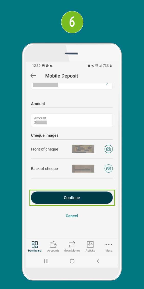 Mobile deposit screen with highlighted Continue button.