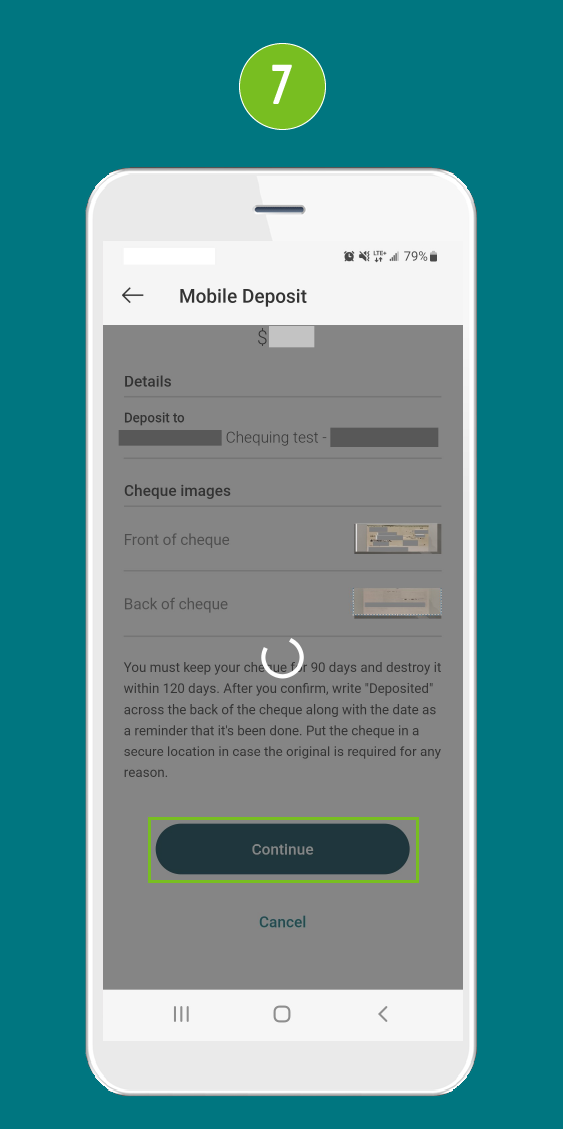 Mobile deposit screen with filled fields and highlighted Continue button.