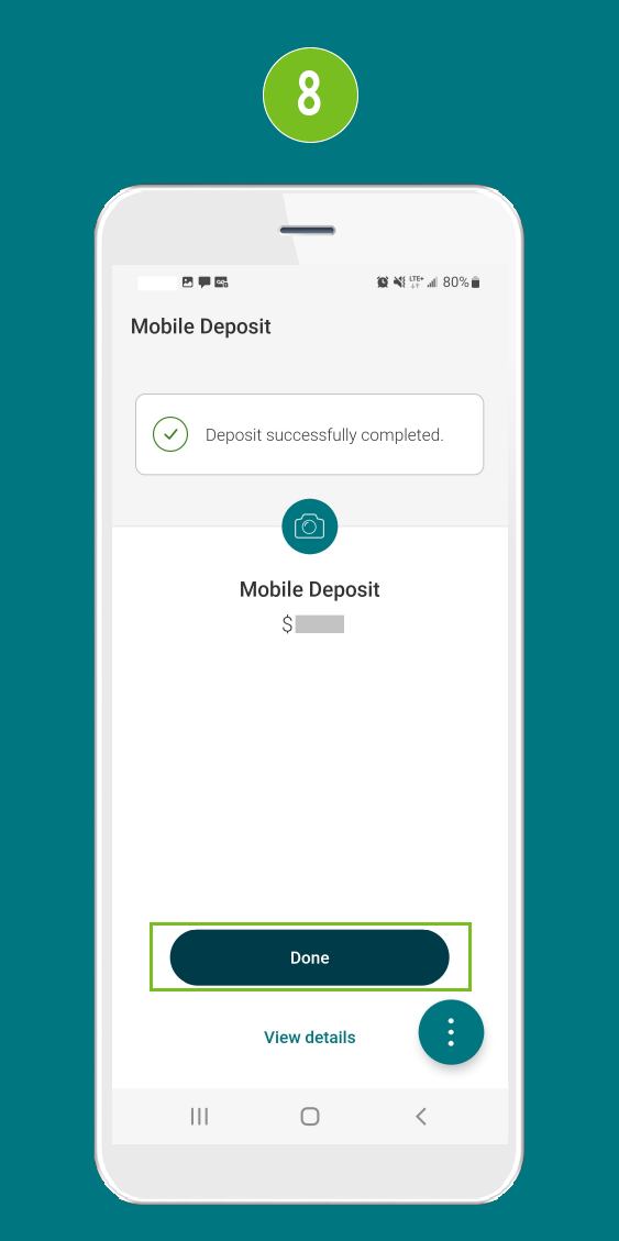 Mobile deposit confirmation screen with 'Deposit successful' message and highlighted Done button.