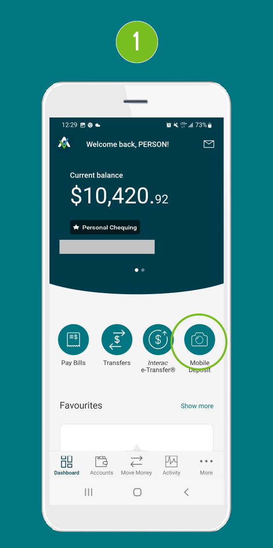 Mobile app home screen with the 'Mobile Deposit' button highlighted to indicate the next step.