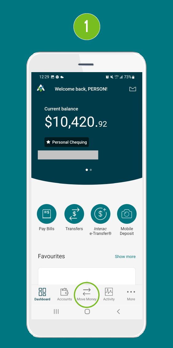 Screenshot of a mobile banking app home page displaying the current account balance and a prominently highlighted ‘Move Money’ button.