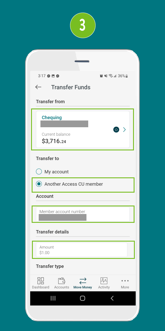 Screenshot of the ‘Transfer Funds’ screen in a mobile banking app, with the following fields highlighted: ‘Transfer From,’ ‘Another Access CU Member,’ ‘Member Account Number,’ and ‘Amount.’