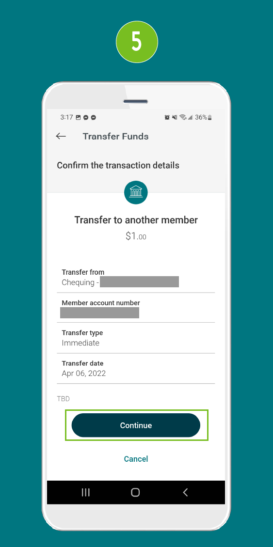 Screenshot of the ‘Transfer Funds’ screen in a mobile banking app, with the ‘Continue’ button highlighted.