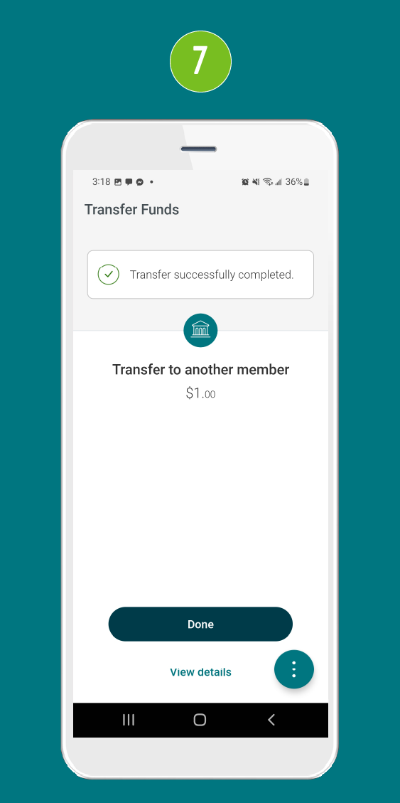 Screenshot of the ‘Transfer Funds’ screen in a mobile banking app, displaying the confirmation message: ‘Transfer successfully completed.
