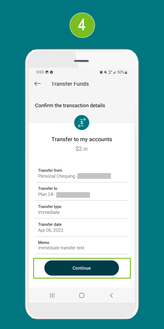 Screenshot of the ‘Transfer Funds’ screen in a mobile banking app, showing transaction details for review and a highlighted ‘Continue’ button.