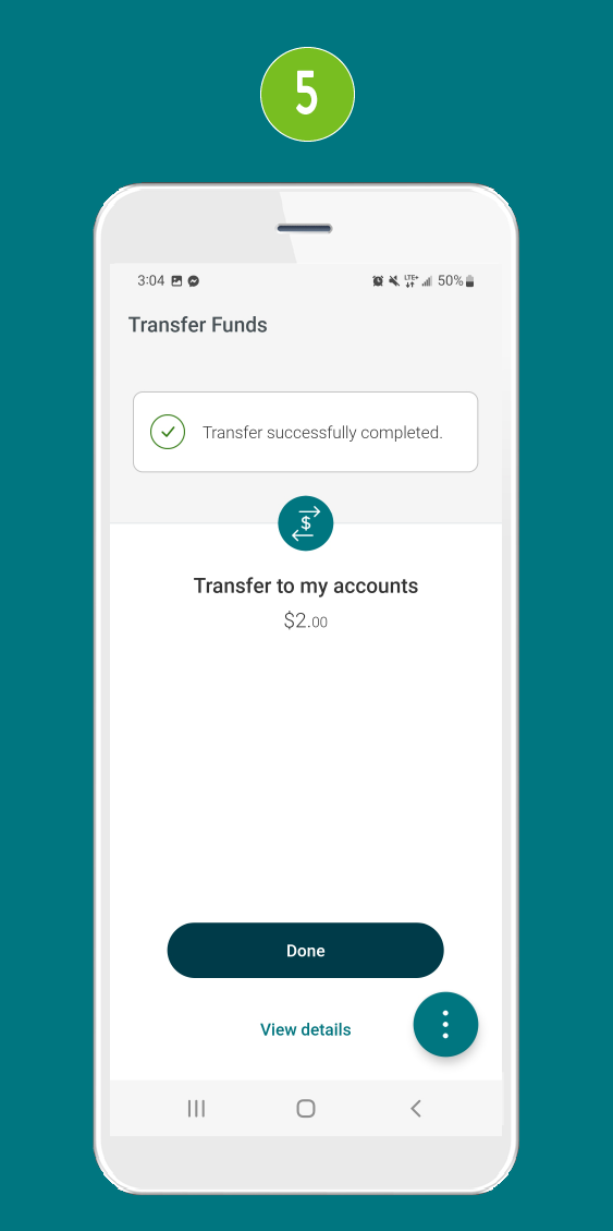 Screenshot of the ‘Transfer Funds’ screen in a mobile banking app, displaying the confirmation message: ‘Transfer successfully completed.