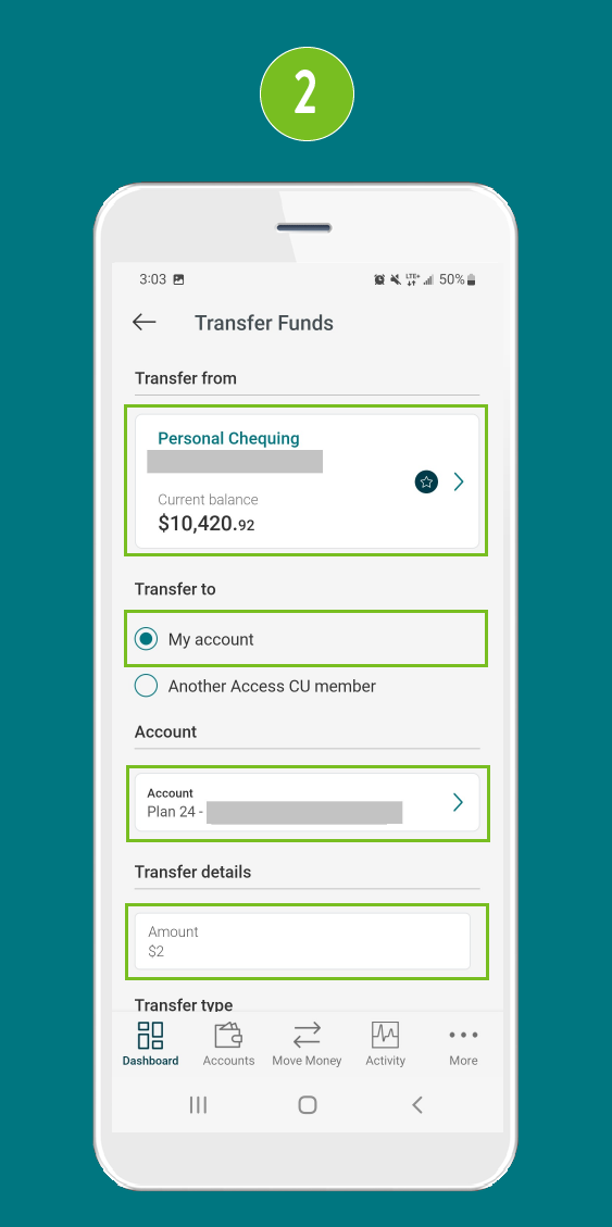 Screenshot of the ‘Transfer Funds’ screen in a mobile banking app, with the following fields highlighted: ‘Transfer From,’ ‘Transfer To – My Account,’ ‘Account,’ and ‘Amount.’