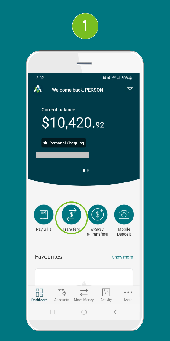 Screenshot of the home screen in a mobile banking app, displaying the current account balance and a highlighted ‘Transfers’ button.