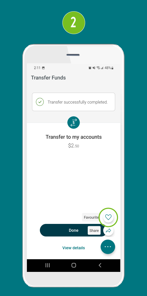 Screenshot of the ‘Transfer Funds’ screen in a mobile banking app, displaying the confirmation message ‘Transfer successfully completed’ and a highlighted ‘Favourite’ button.