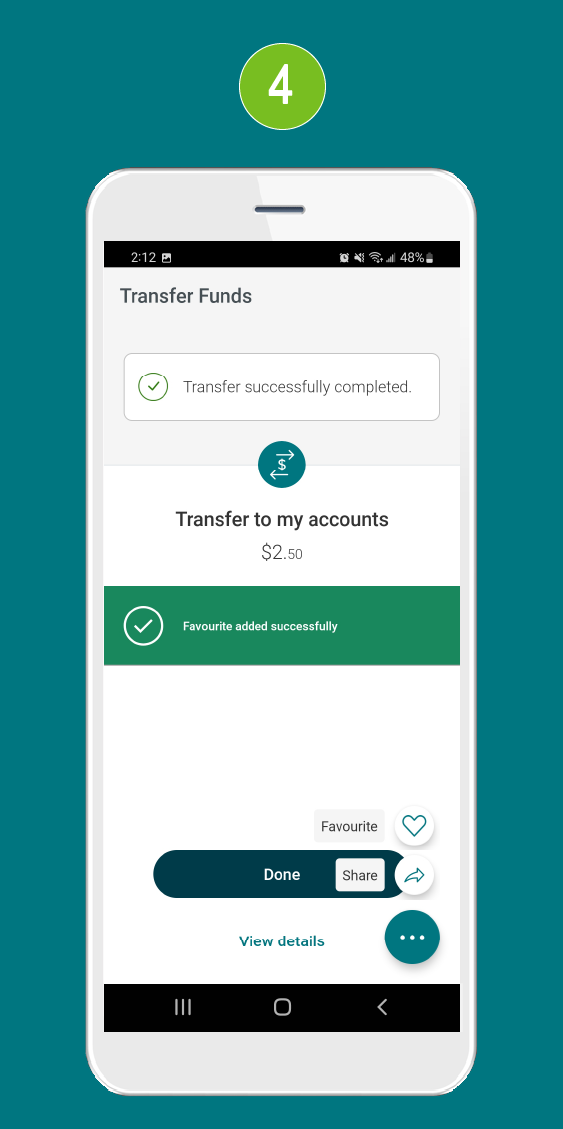 Screenshot of the ‘Transfer Funds’ screen in a mobile banking app, displaying the confirmation message ‘Favourite added successfully.’