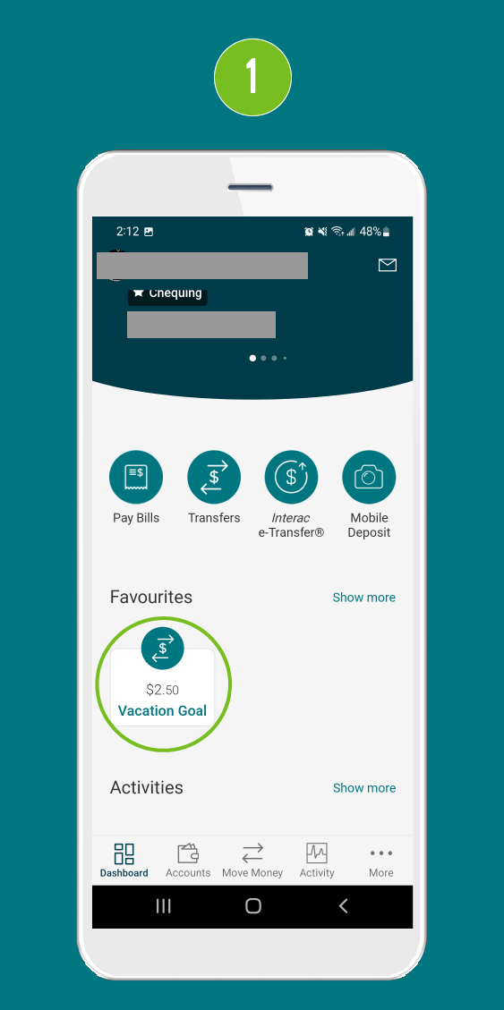 Screenshot of the home screen in a mobile banking app, displaying a newly added ‘Favourite’ transaction.