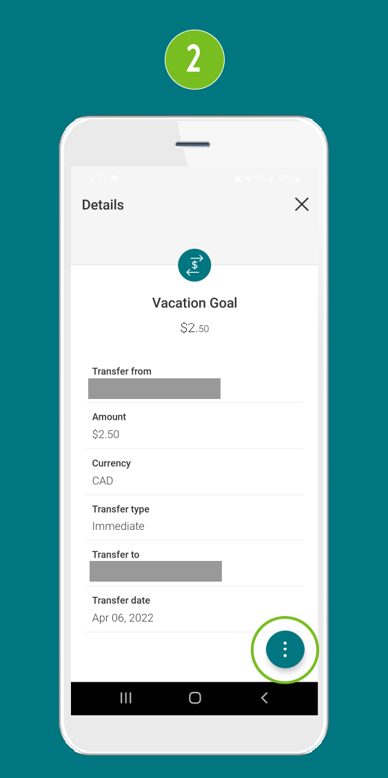Screenshot of the ‘Details’ screen in a mobile banking app, displaying information about a Favourite transaction and a highlighted three-dot icon.