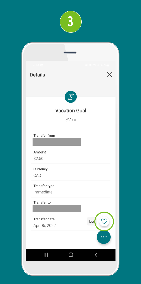 Screenshot of the ‘Details’ screen in a mobile banking app, showing information about a Favourite transaction and a highlighted ‘Use’ icon.