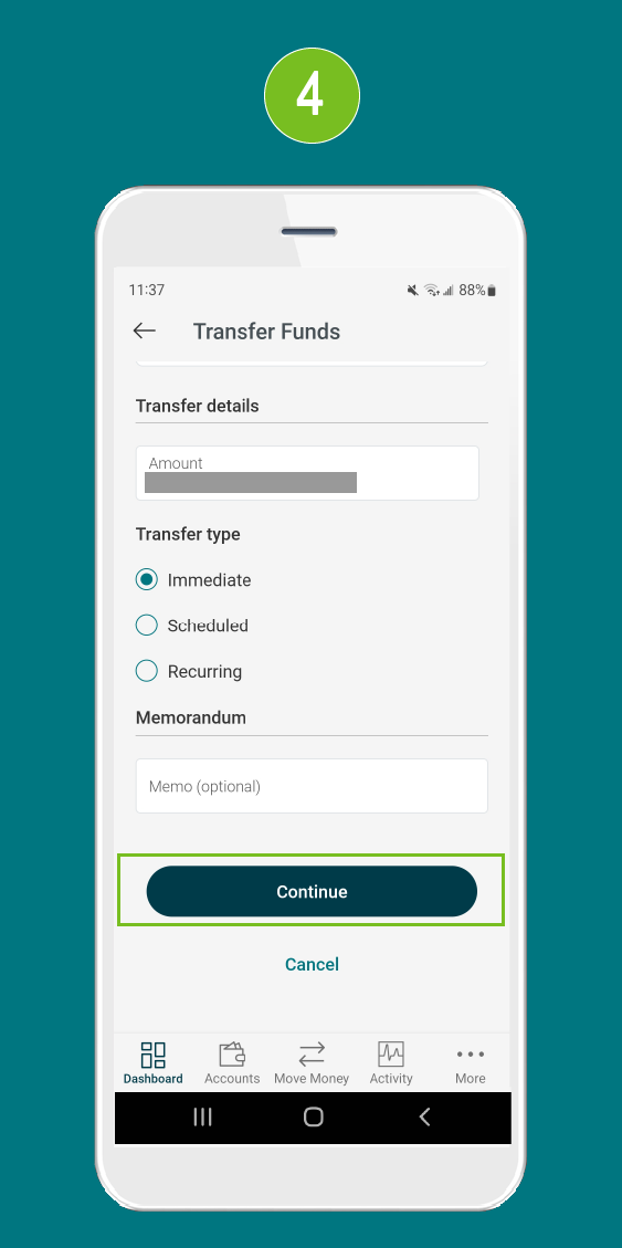 Screenshot of the ‘Transfer Funds’ screen in a mobile banking app, showing transfer details and a highlighted ‘Continue’ button.