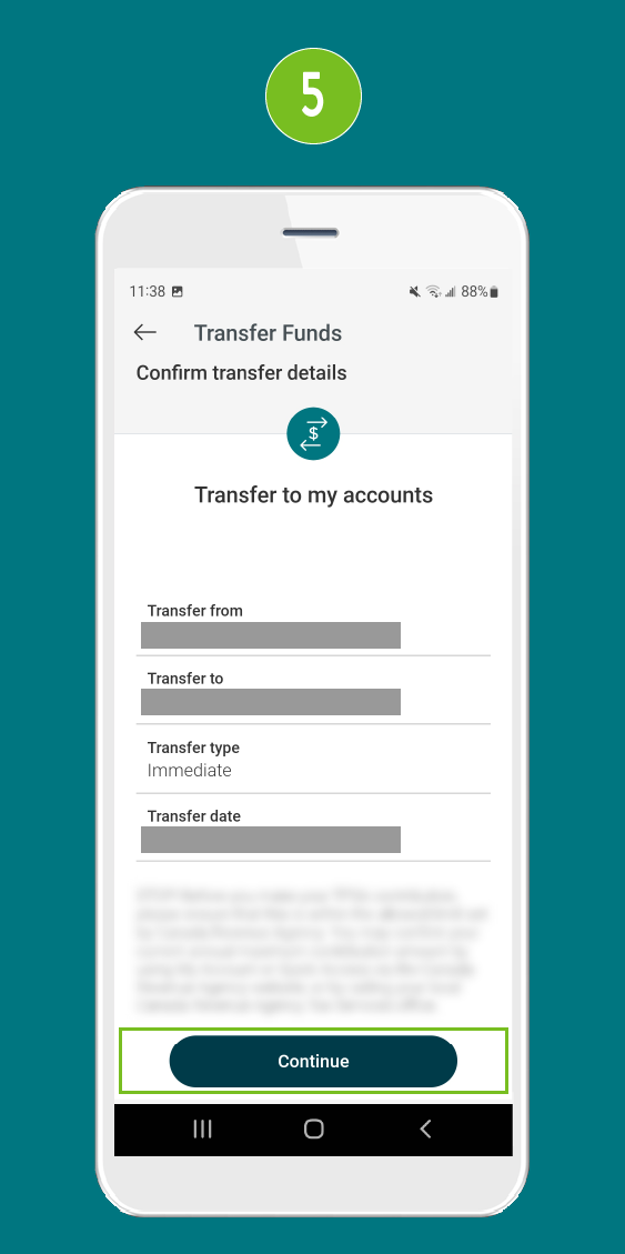 Screenshot of the ‘Transfer Funds’ screen in a mobile banking app, prompting the user to confirm transfer details, with a highlighted ‘Continue’ button.