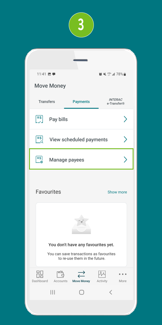 Screenshot of the ‘Move Money’ screen in a mobile banking app, with the ‘Manage Payees’ button visually highlighted.