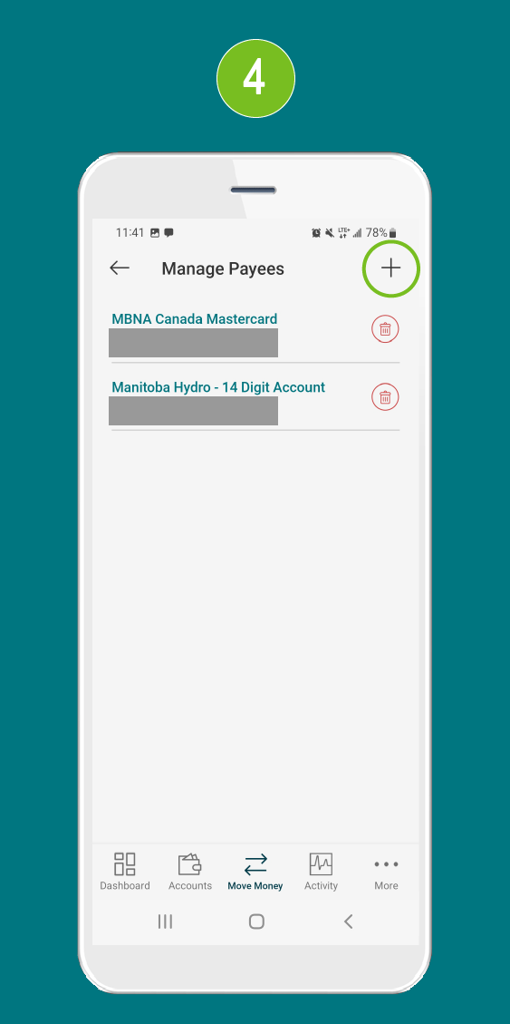 Manage Payees screen with Add Payee button shown as a + icon.