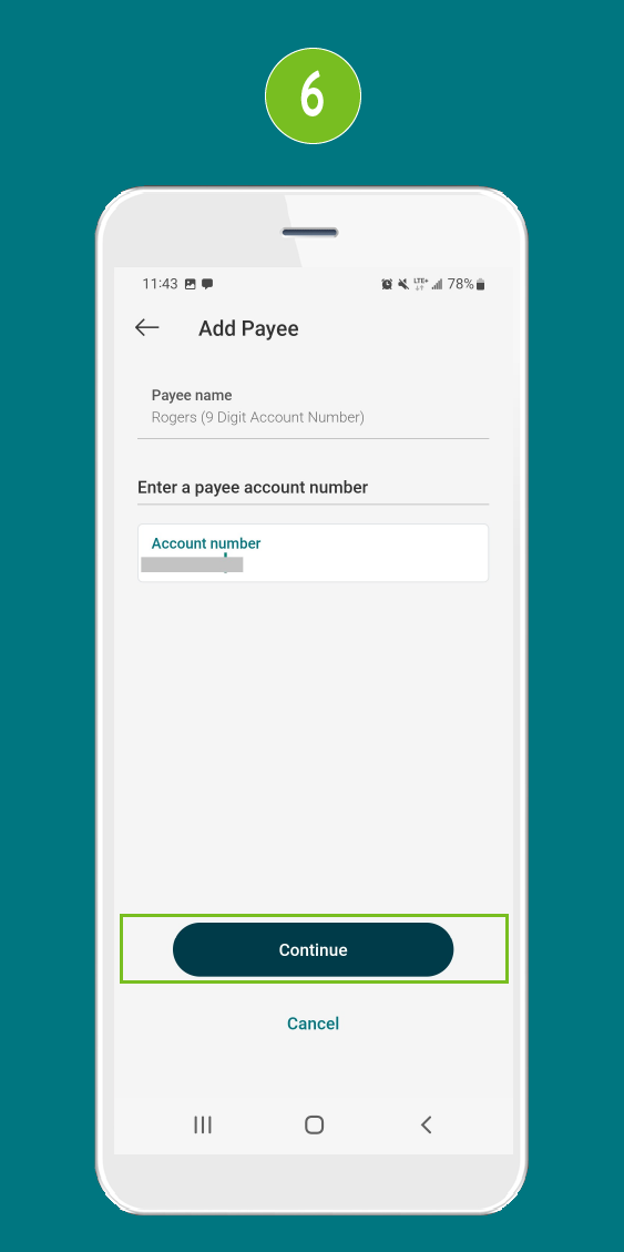 Add Payee screen with focus on the Continue button, used to proceed to the next step.